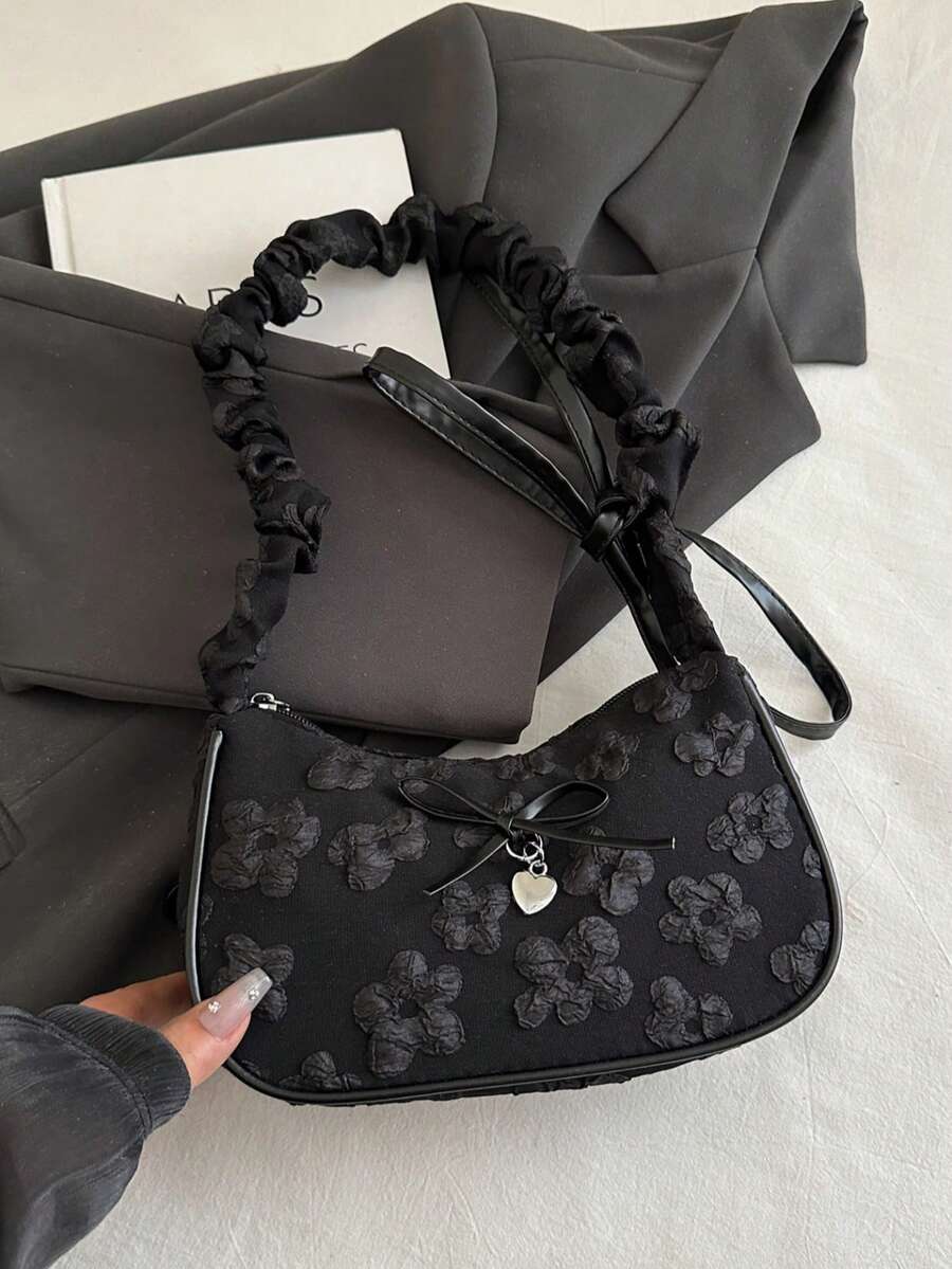 Tas Bahu Motif Botani Baru Warna Polos yang Modis dan Serbaguna, Tas Persegi Kecil Baguette Minimalis Kasual untuk Wanita - Hitam - View 1
