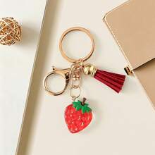 1pc Cross-Border Fruit Keychain Gift, Strawberry Pendant With Tassel, Alloy Keyring Charm Wholesale Accessory - Multicolor - View 3