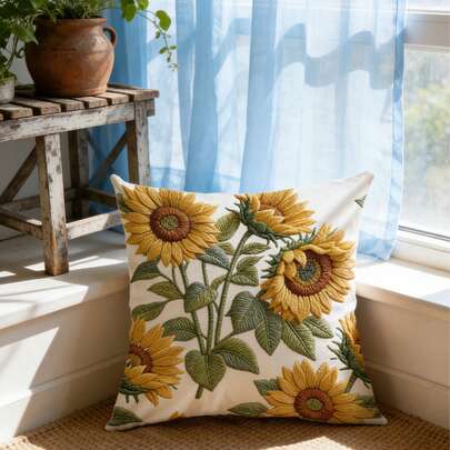 1 Vỏ gối trang trí mềm mại, lông ngắn, 45*45 cm - Họa tiết hoa hướng dương, phong cách đồng quê mộc mạc, lý tưởng cho phòng khách, phòng ngủ, văn phòng (Không bao gồm ruột gối), Vỏ gối hoa | Hoa hướng dương | Gối trang trí bền