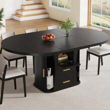 Extendable Dining Table, Dining Table, Kitchen Table, Round Dining Table, Extends To Oval, 118-158 Cm, Seats Up To 6 People, Three-Tier Storage, Walnut - Black - View 4