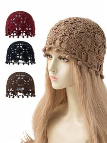 1pc Women's Fashion Pearl Pendant Hollow Flower Decor Hand-Knitted Hat, Suitable For Daily Wear - A - View 3
