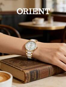 Đồng hồ Orient nữ mặt trắng đính kim cương, kiểu dáng thanh lịch cổ điển, dây đeo bằng thép không gỉ mạ vàng và gốm, phù hợp đeo hàng ngày, chống nước 30M, máy quartz FQC0J004W0 - Trắng ngọc trai - Xem 1