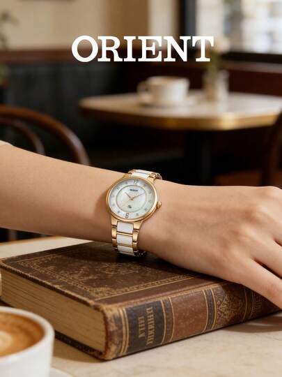  Reloj de mujer Orient con esfera blanca con diamantes, elegante y clásico, de lujo con correa de acero inoxidable y cerámica en tono dorado, adecuado para uso diario, resistente al agua 30M, movimiento de cuarzo FQC0J004W0