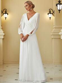 V-Neck Slit Lantern Sleeve Embroidered White Dress, Suitable For Wedding, Party, Bridal Shower, Engagement, Spring/Summer - White - View 3