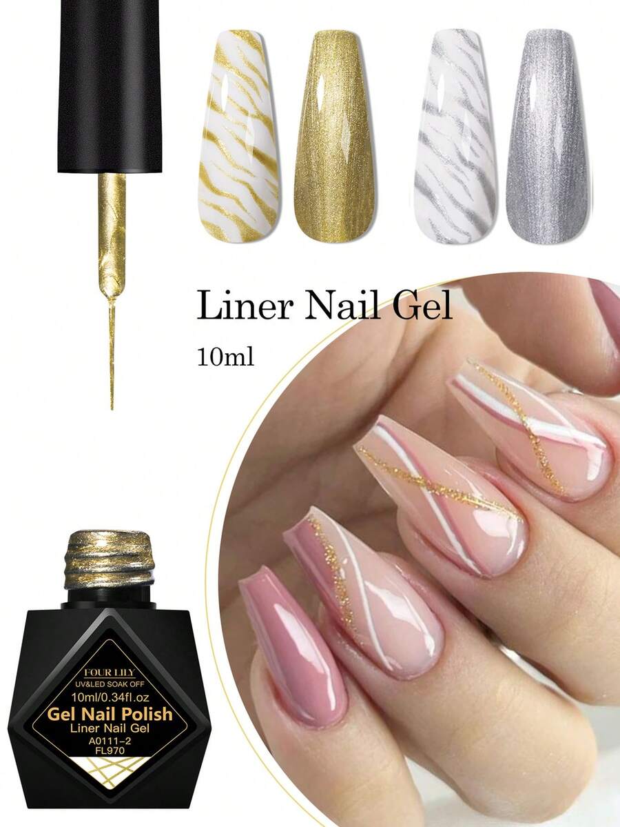 FOUR LILY 2pcs 10ml Metallic Painting Line Nail Gel Polish Set, Y2K Style Gold & Silver Line Nail UV Gel Paint, Suitable For French Manicure DIY At Home And Nail Salon