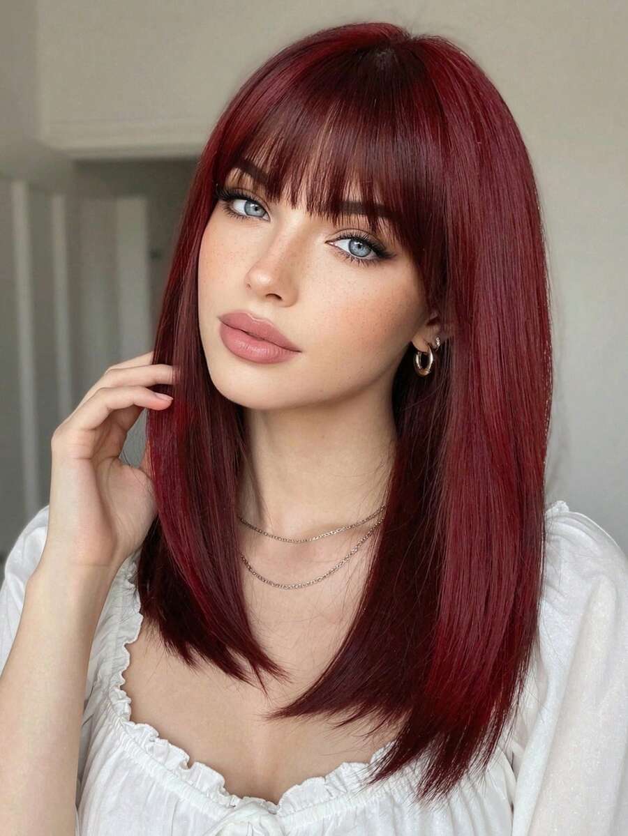 Tóc giả màu đỏ rượu vang Burgundy dài 16 inch, có mái bằng, kiểu tóc thẳng ngang vai, chất liệu tổng hợp, chịu nhiệt, trông tự nhiên, thích hợp cho nữ, dùng hàng ngày, dự tiệc, cosplay. - Màu Đỏ Sâu - Xem 1