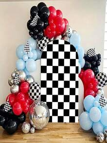 Black And White Checkered Racing Theme Arch Backdrop, Suitable For Baby Shower Party, Birthday Party Decoration, Racing Theme Party, Football Party Decoration. Black And White Checkered Monster Truck Birthday Party Decoration Arch Backdrop, Stretchable Round Racing Arch Backdrop, Perfect For Children And Boys "Let's Race" Theme Party Supplies (Black And White) (Arch Frame Not Included) - Multicolor - View 3