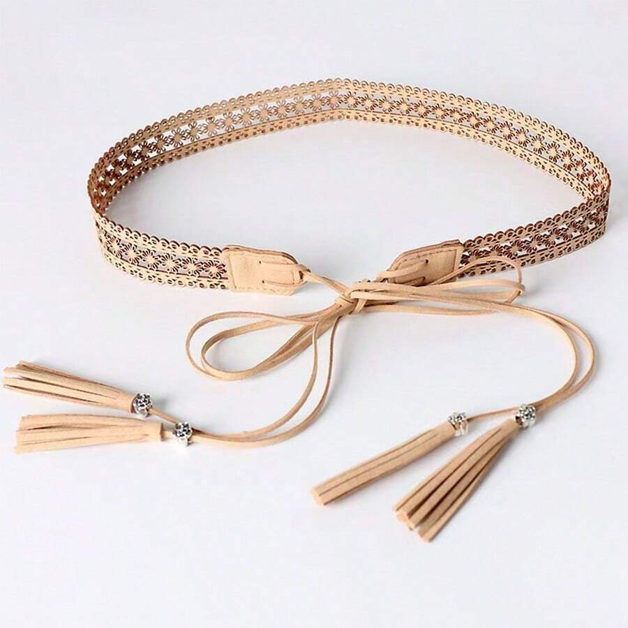 1 chiếc dây thắt lưng dài màu nâu khoét lỗ dành cho nữ - Màu be - Xem 1
