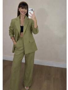 Women's Plus Size Set: Blazer And Wide Leg Pants, Linen Fabric - Olive Green - View 1