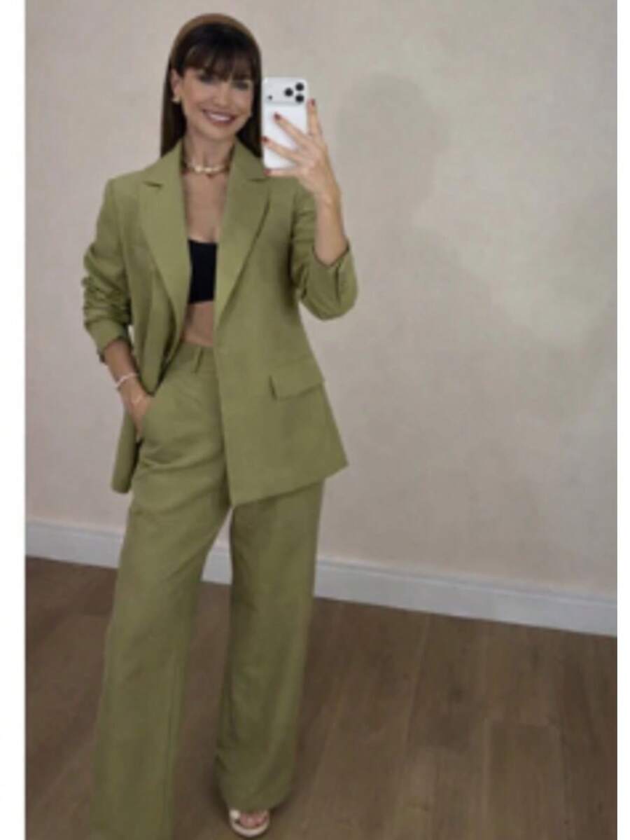 Women's Plus Size Set: Blazer And Wide Leg Pants, Linen Fabric - Olive Green - View 1