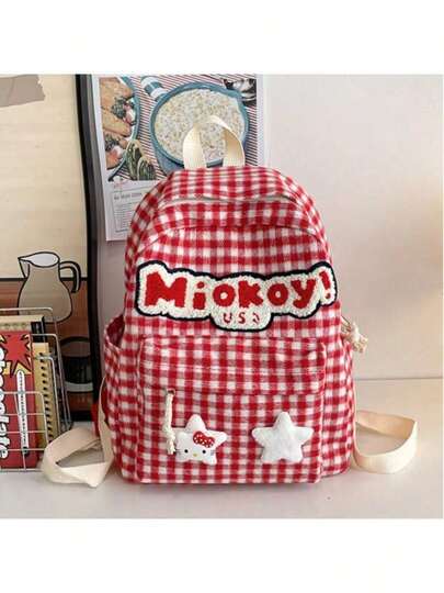SANRIO 1 chiếc balo Hello Kitty kẻ caro dễ thương, có thêu chữ và mặt dây chuyền hình ngôi sao đáng yêu, kiểu dáng Nhật Bản, thích hợp cho việc đi lại hàng ngày, món quà hoàn hảo cho ngày Valentine/mùa tựu trường dành cho các bạn nữ.