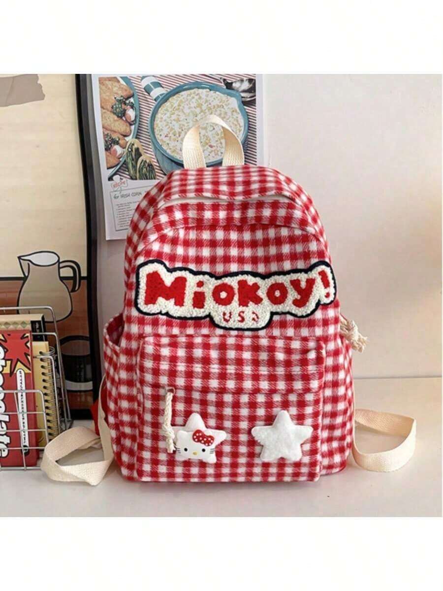 SANRIO 1个Hello Kitty格子可爱背包，卡哇伊刺绣字母书包，带星星吊坠，休闲日常通勤背包 - 送给女孩的完美情人节返校礼物 - 彩色 - 查看 1
