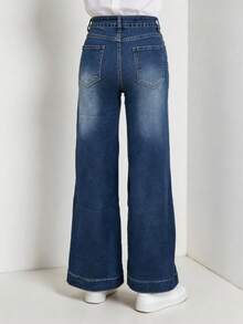 Women's High-Waist Straight-Leg Denim Jeans - Slimming Vintage Style, Stretch Blend With Classic Button Closure, Casual Retro Everyday Fashion - Dark Blue - View 5