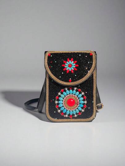 绿松石花瓣图案串珠手机袋，可装手机/钥匙/口红/纸巾，精致的串珠设计，呈现3D效果，适合外出和购物，手工制作，实用时尚，超薄斜挎包，迷你单肩包