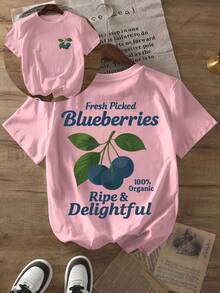 2026 New  Fashion Double-Sided Printed T-Shirt With Blueberry And Green Leaf Pattern, Short-Sleeve Round-Neck Casual Top, Suitable For Spring And Summer Daily Wear, Women's Clothing, Soft And Breathable Fabric, Printed Shirt, Adult Size, Fashionable Women's Casual Wear For Beach Travel And Daily Outings - 粉色 - 查看 7