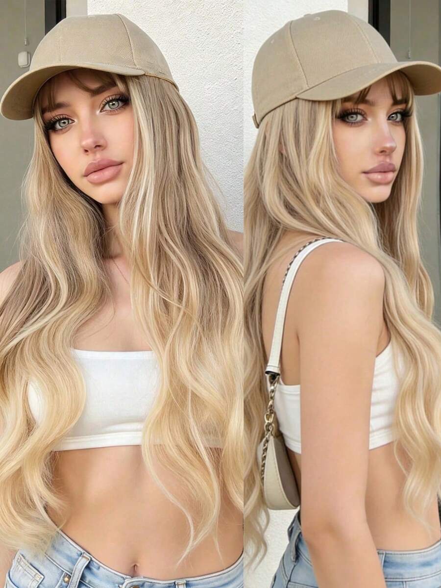 26 Inch Baseball Cap With Integrated Curly Wavy Synthetic Hair, Adjustable Beige Cap With Golden Hair, For Women