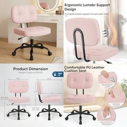 DUMOS - Silla de computadora de Oficina en casa ergonómica sin Brazos de Piel sintética con cómodo Apoyo Lumbar y Altura Ajustable Cambiador recámara Rosa