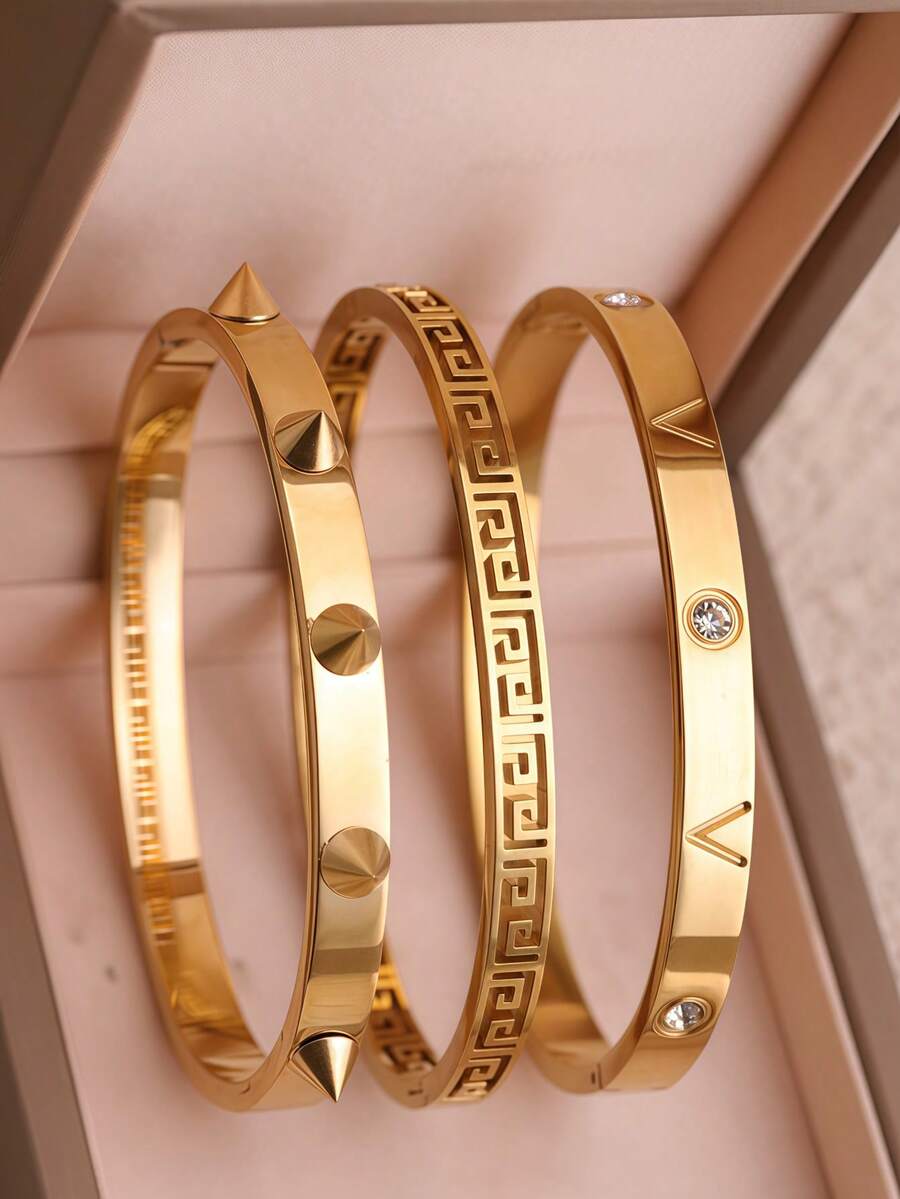 Bộ 3 vòng tay đinh tán mạ vàng sang trọng, 4 vòng tay đính pha lê có thể xếp chồng lên nhau, quà tặng trang sức thời trang dành cho nữ. - Vàng - Xem 1