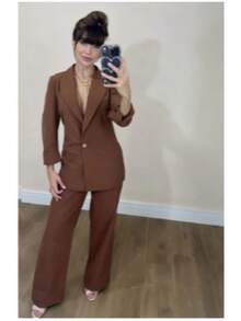 Women's Plus Size Set: Blazer And Wide Leg Pants, Linen Fabric - 鏽棕色 - 查看 2