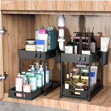 Set Of 2 Double-Tier Under-Sink Storage Racks, Kitchen Cupboard Storage Racks, Double Sliding Basket-Style Storage Drawers, Multi-Purpose Bathroom Storage Baskets, Storage Racks, Under-Sink Kitchen Storage Rack With 10 Hooks And 4 Hanging Baskets, Kitchen Décor, Festive Gifts - 黑色2個裝H型 - 查看 2