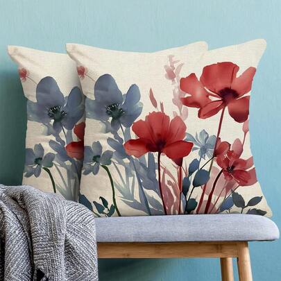 2PCS Floral Pillow Cover Independence Day Blue And Red Floral Pillow Cover Outdoor Pastoral Style Spring And Summer Floral Pillow Cover Farmhouse Decorative Cushion Cover For Home Sofa, Single-Sided Without Pillow Insert