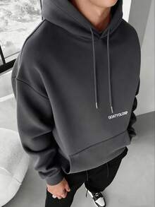 Camvyn Áo hoodie dài tay in chữ dành cho nam, có túi và dây rút, kiểu dáng thường ngày cho mùa thu/đông. - Màu xám đen - Xem 2
