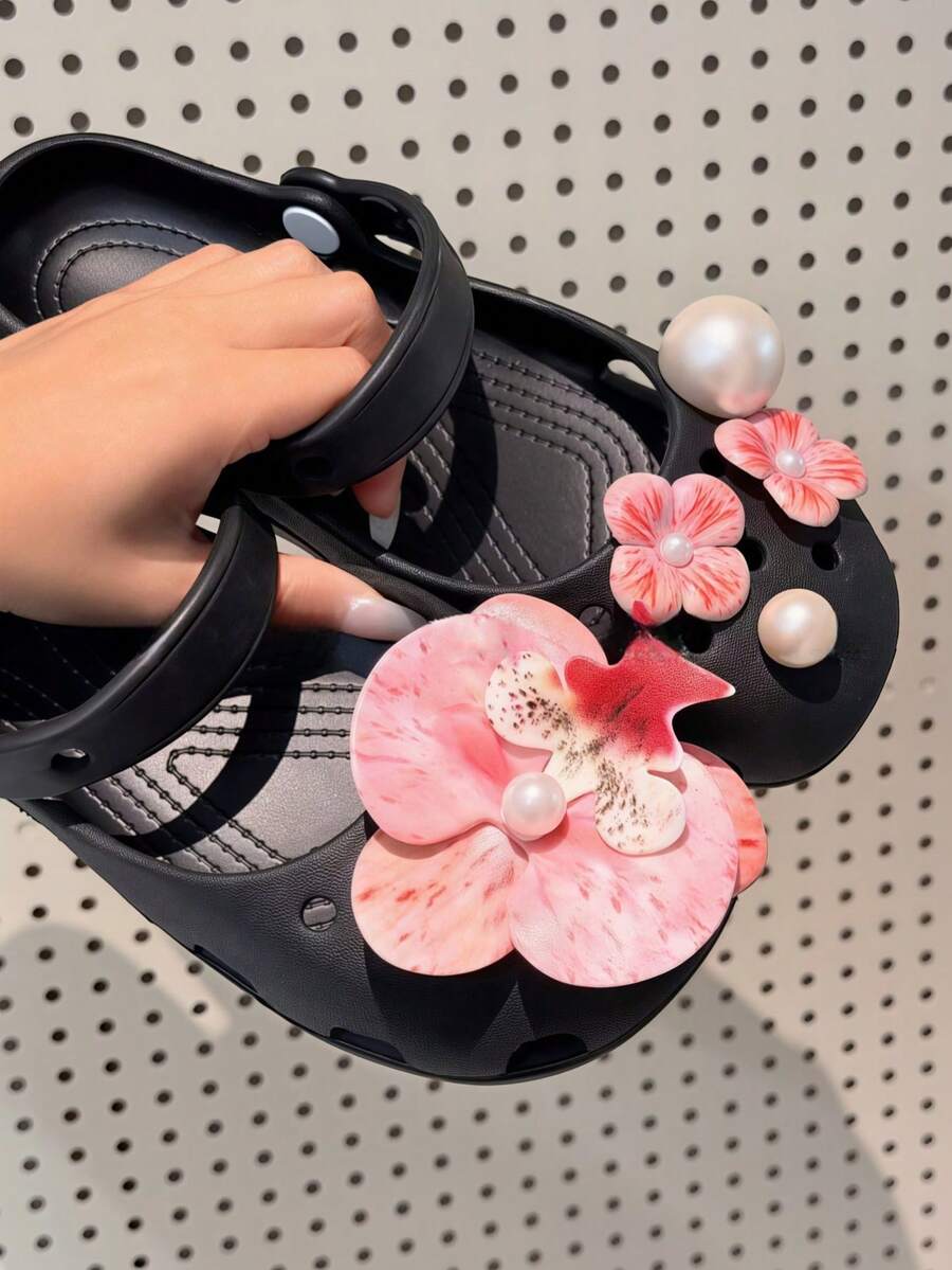 5件組粉色蘭花珍珠鞋飾,3D花朵鞋扣,適用於克羅格鞋、沙灘涼鞋、拖鞋等DIY裝飾配件 - 彩色 - 查看 1