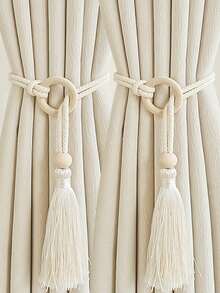 1/2 chiếc dây buộc rèm cửa sổ phong cách Bohemian với hạt gỗ và tua rua, trang trí nhà cửa phù hợp cho phòng khách, phòng ngủ, nhà bếp. - Màu be - Xem 13