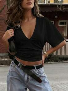 Y2K Sexy Casual Top With Pleated Waist And V-Neck, Fitted, Ideal For Daily Wear, Commuting, Dates And Summer Parties - 黑色 - 查看 2
