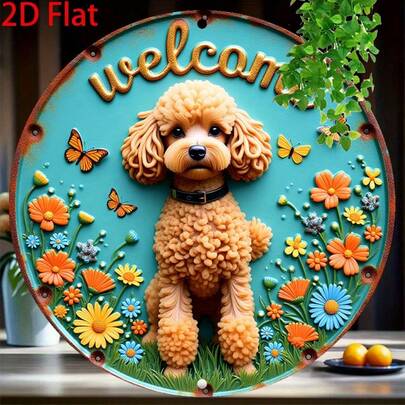 2D Flat Vintage Round Wall Plaque - 8 X 8 Inches, Vintage Welcome Sign With Cute Poodle, Flowers & Butterflies Design - Durable Metal Art Decor For Kitchen, Garden, Cafe, Garage Door, Front Door, Vibrant Animal Pattern (Random Hole Position)