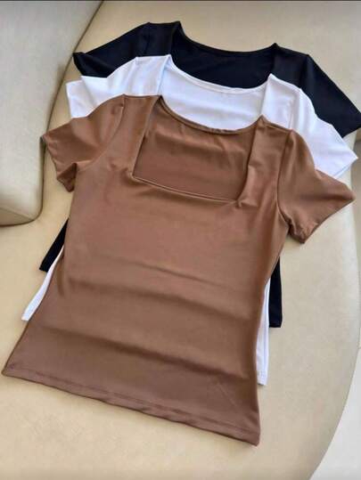 KIT 3 Blusa Suplex Feminina Decote Quadrado Básica Premium Elegante T-shirt Casual Segunda Pele