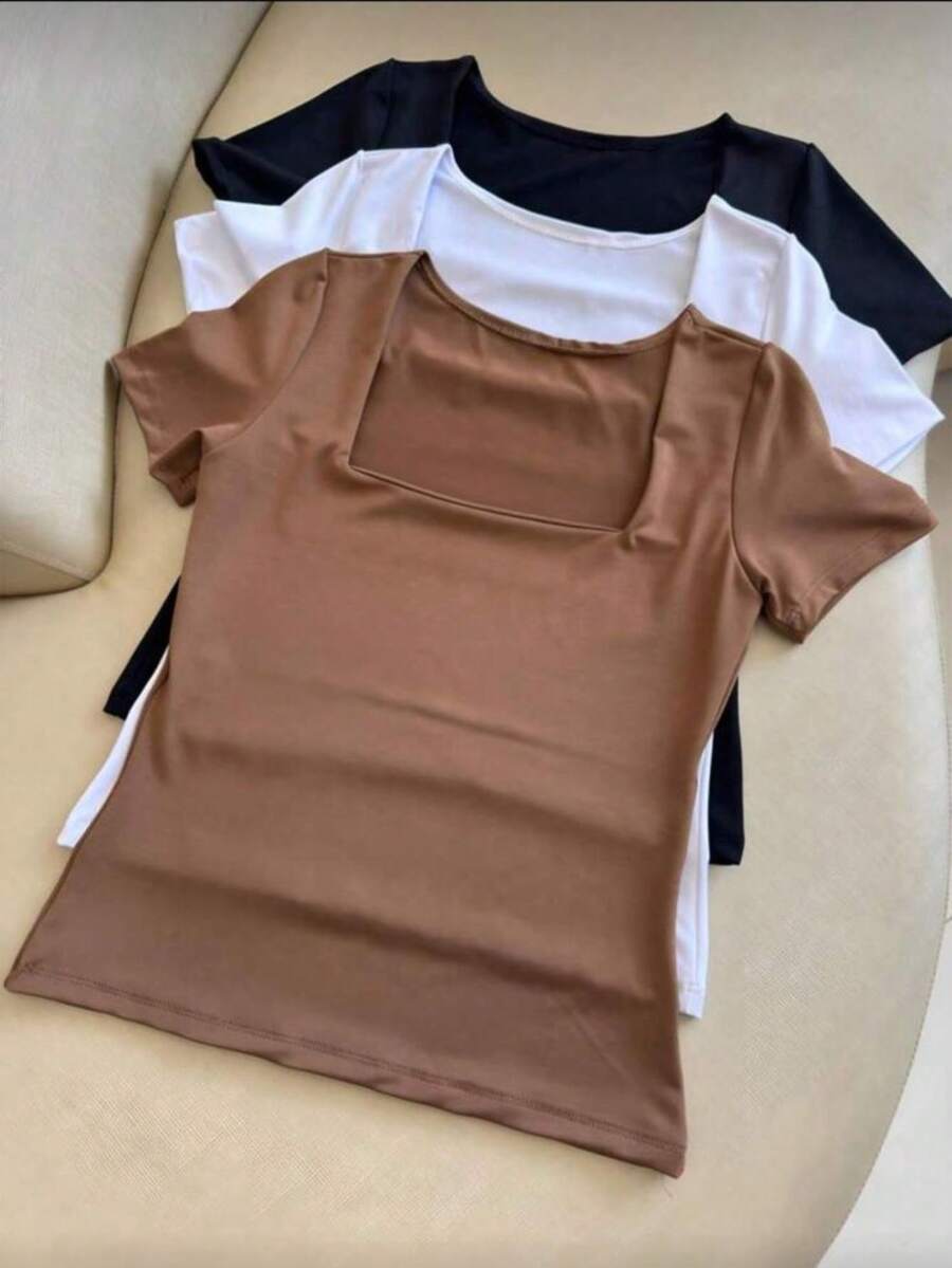 Set Of 3 Women's Basic Premium Elegant Square Neck Suplex Blouses - Casual Second Skin - 黑色 棕色 白色 - 查看 1