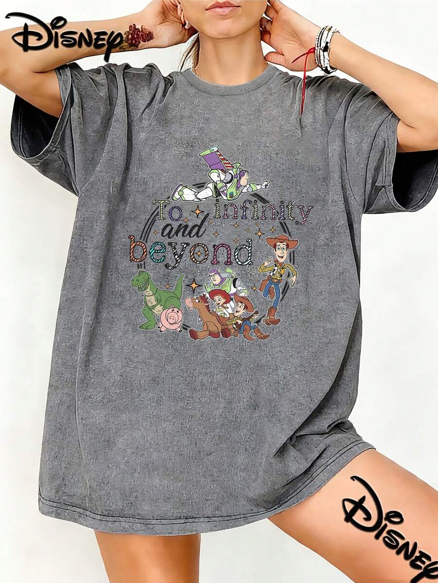 Disney Toy Story To Infinity And Beyond Vintage Washed Black Oversized Cotton T-Shirt, Retro Loose Fit Tee For Women Men, Perfect For Disney Fans, Daily Wear & Gift - Xám - Xem 1