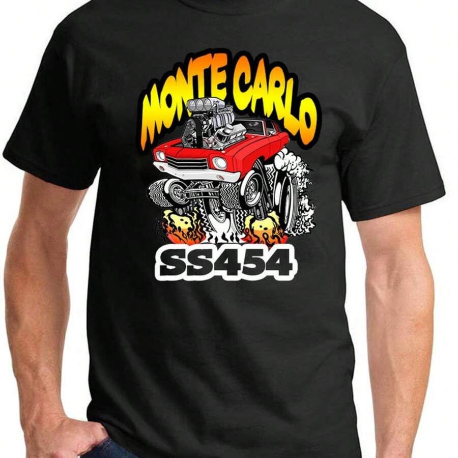 1970 Monte Carlo SS454 Clic Cartoon Muscle Car Full Color Design Hirt - 黑色 - 查看 1