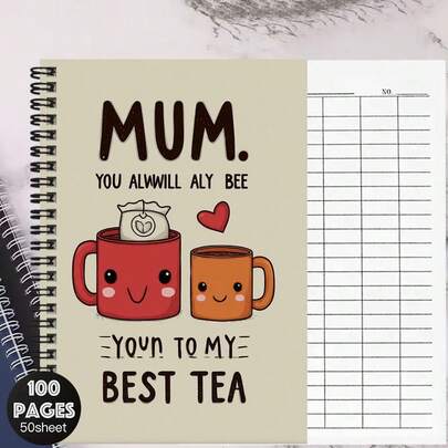 A5 Versatile Notebook With Cute Parent-Child Theme, Cover Features Warm Mother-Child Teacup Pattern And Playful Text "MUM. YOU ALWWILL ALY BEE", Grid Spiral Bound Notebook Suitable For Work, Study, Company Finance, Business Meetings And More, 100 Pages/50 Sheets, Practical And Affectionate.