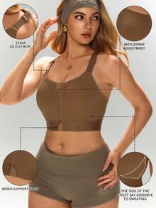 1pc Front Zipper Criss-Cross Back Sports Bra, Perforated Design, Wire-Free, Lift & Anti-Sag, All-Season, Home Wear, Inner Layer, Yoga, Fitness, Adjustable Shoulder Straps, Tank Top Style Underwear - Khaki - View 5