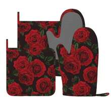 Juego de 4 manoplas de horno y soportes para ollas de color y guantes de silicona resistentes al calor para horno y agarraderas almohadillas para orejas calientes para cocina hornear - Rojo Negro Rosa Flor - Ver 2
