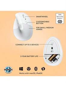 Logitech 罗技 Lift 垂直人体工学鼠标，无线，支持蓝牙或 Logi Bolt USB 接收器，静音点击，4 个按键，兼容 Windows/MacOS/iPadOS，适用于笔记本电脑和台式机 - 查看 9