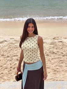 Summer Women's Solid Color Fashionable Polka Dot Print Sleeveless Round Neck Slim Fit Vest, Suitable For The Beach, Vacation, Travel And Outings. Casual - Apricot - View 3