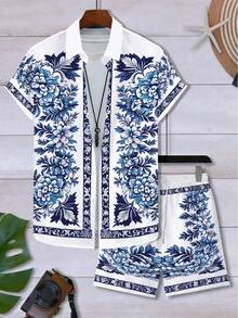 Bộ áo sơ mi ngắn tay và quần short in hoa màu xanh trắng kiểu Hawaii dành cho nam, trang phục đi biển mùa hè thoải mái, rộng rãi. - Nhiều màu - Xem 2