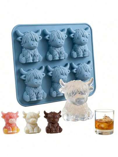 1pc Mini Highland Cow Mold, Cute 3D Stereoscopic Small Cow Silicone Tray With 6 Grids, Reusable Fun Farm Animal Dessert Mold For Whiskey, Beverages, Parties, Bars, Birthdays And Gifts