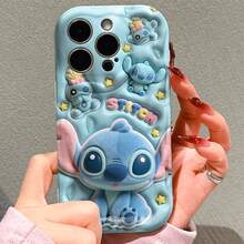 Disney Lilo & Stitch Phone Case, Cute Plush Effect Stitch Design With Mini Stitch & Scrump Accents, Light Blue Wavy Texture With Star & Leaf Graphics, Shockproof Anti-Scratch Soft Case For IPhone 17, 16, 15, 14, 13, 12, And 11 Pro Models.. A Fun Gift For Family, Friends, Birthdays, Holidays, And Special Occasions. - trắng - Xem 5