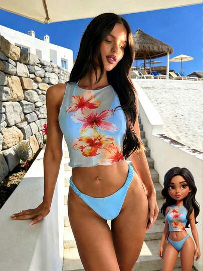 3pcs Women Bikini Swimsuit Set, Light Blue Hibiscus Beach Outfit, Fashionable Mini T-Shirt For Summer Daily Wear, Outerwear/Activewear/Spring Break/Y2K Style/Streetwear/Vacation/Music Festival Pool Party 2026 Women Summer Swimwear