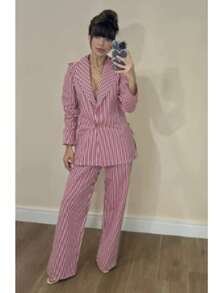 Women's Plus Size Set: Blazer And Wide Leg Pants, Linen Fabric - Thin Red Striped - View 1