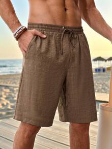 Men's Solid Color Elastic Waist Drawstring Casual Textured Fabric Summer Shorts - Brown - View 9