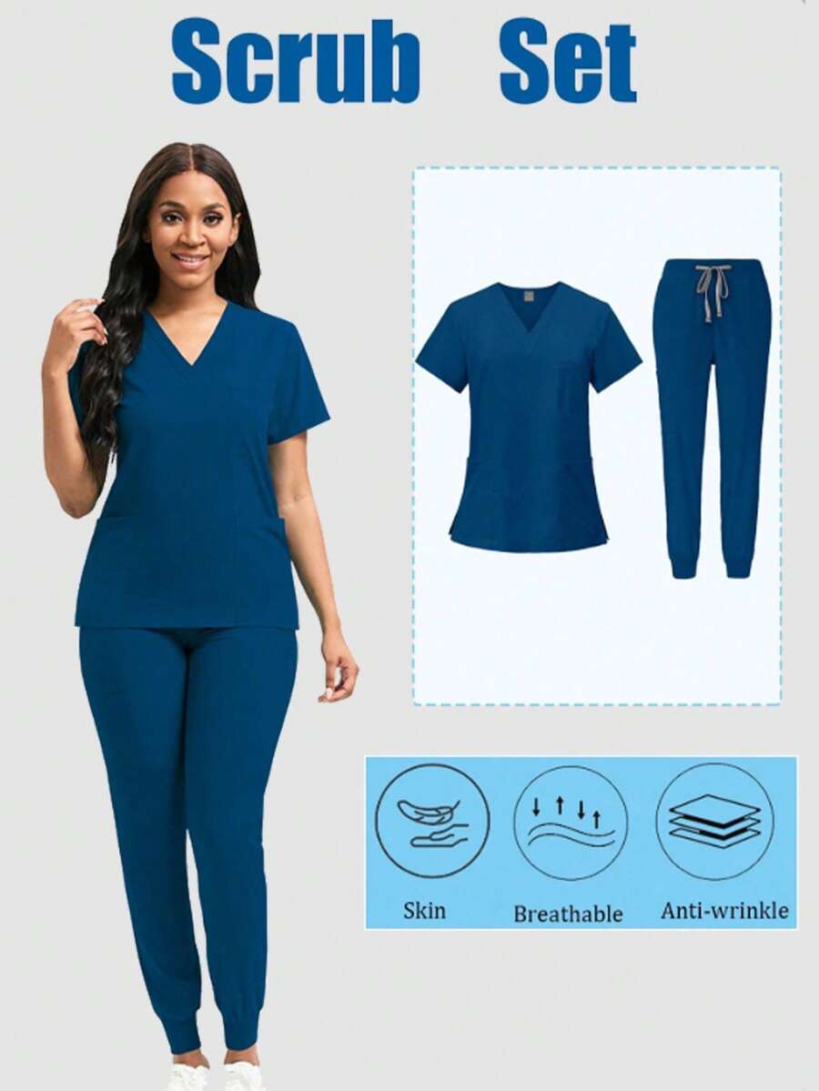 Women's Surgical Gown Set, Casual Nurse Uniform Set, Breathable Quick-Dry Surgical Shirt And Pants Spring - Navy Blue - View 1