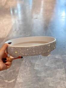 1pc Cosmetic Storage Tray High Aesthetic Sparkling Artificial Rhinestone Perfume Skincare Makeup Brush Organizer Bathroom Vanity Living Room Sundries Storage Tray Creative Gift - Silver - View 5