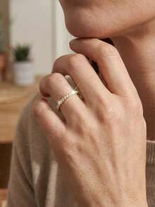1 chiếc nhẫn đồng thiết kế tối giản đính đá Cubic Zirconia, thích hợp cho nữ đeo hàng ngày. - Vàng - Xem 4