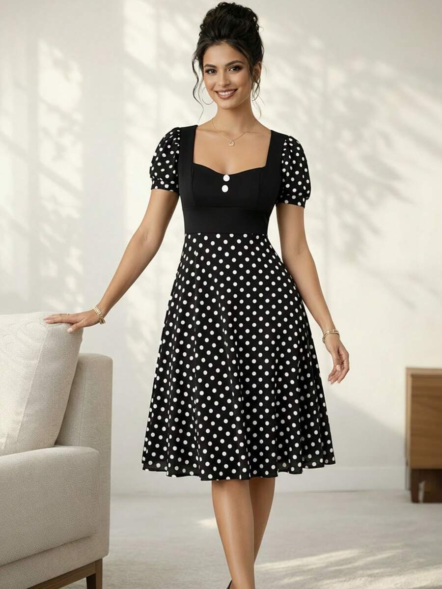 夏季优雅波点印花花瓣袖拼接连衣裙 - 黑色 - 查看 1