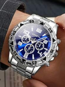 Bộ 4 món đồng hồ nam thời trang công sở, đồng hồ mặt tròn lớn, dây thép không gỉ, máy quartz, bao gồm vòng tay cá nhân hóa, dây chuyền mặt thánh giá và nhẫn, thích hợp làm quà tặng cho nam giới, phù hợp cho các dịp lễ, công sở, tiệc tùng và đeo hàng ngày. - Bạc - Xem 8